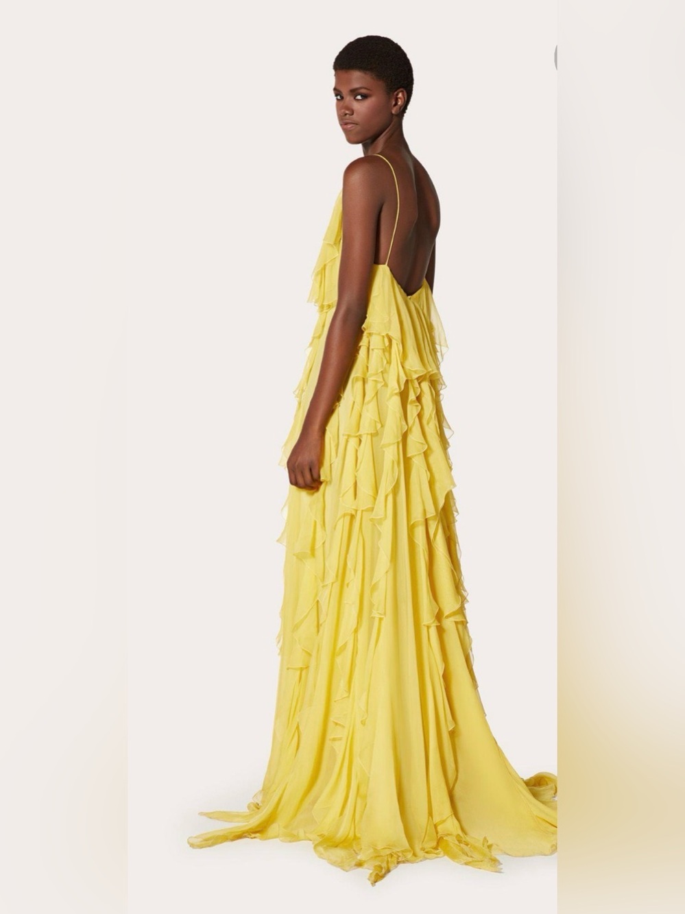 Valentino Tiered Ruffle Halter Gown – Yellow Chiffon Maxi Dress